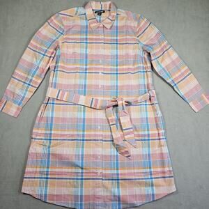 Lands’ End Shirt Dress Womens L Button Up Plaid Pink Cotton Long Sleeve Pockets